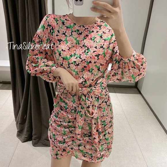 BLOGGER'S FAVE! Printed Floral Draped Mini Dress Pink Green Black Sz XS NWT - Picture 13 of 14